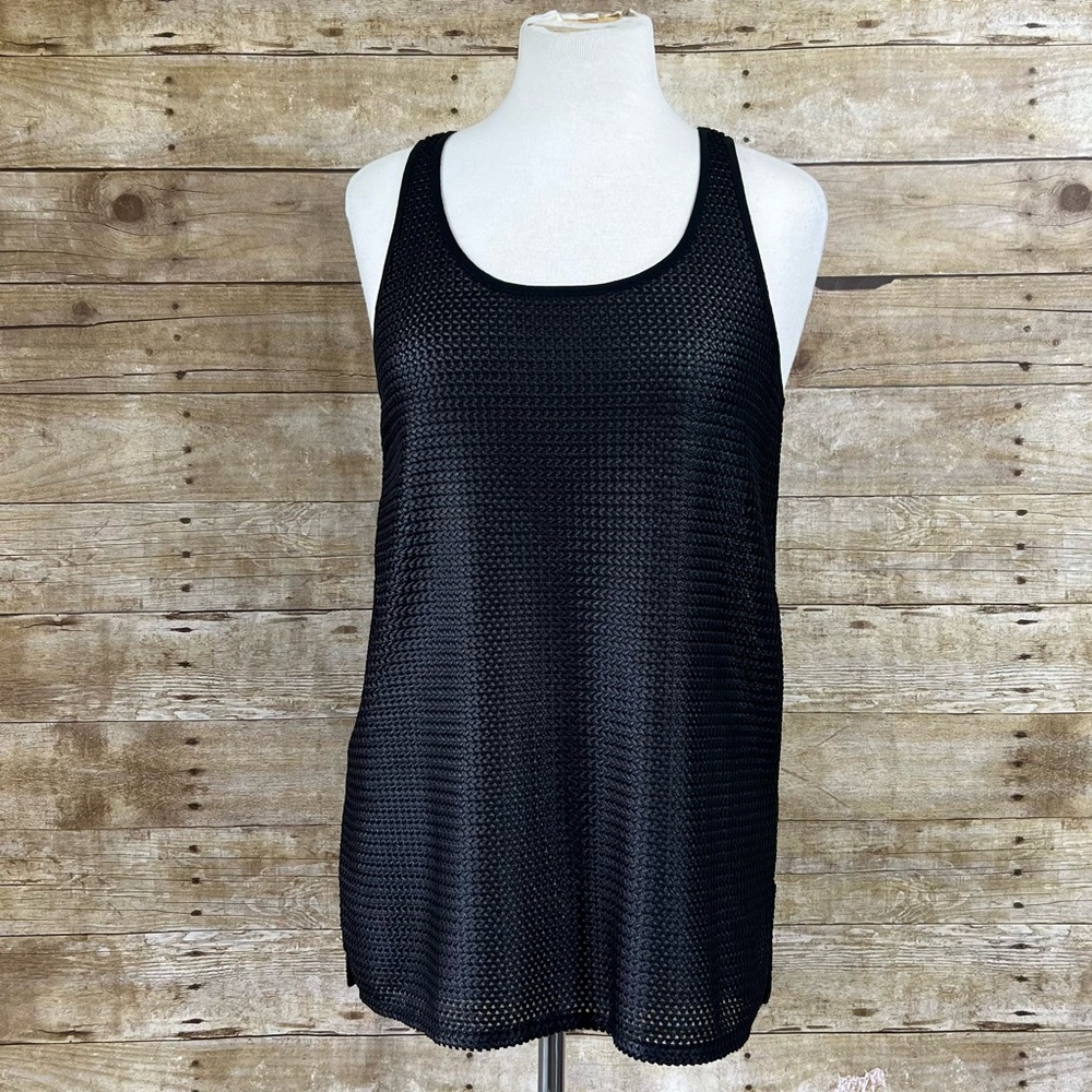Trouve Womens Black Open Knit Mesh Tank Top‎ Scoop Neck Tunic Side Slits Size M